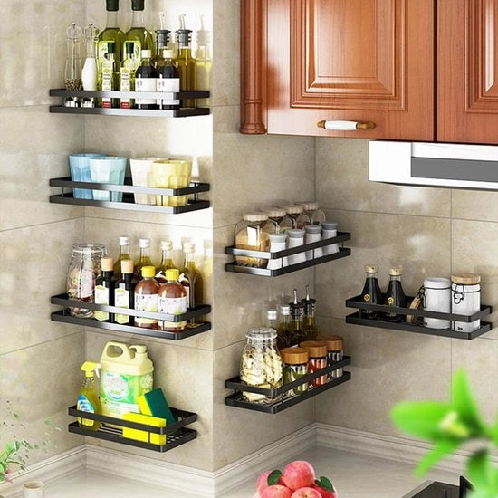 Kruidenrek senza fori - Griglia cucina nera con ganci - 2 livelli