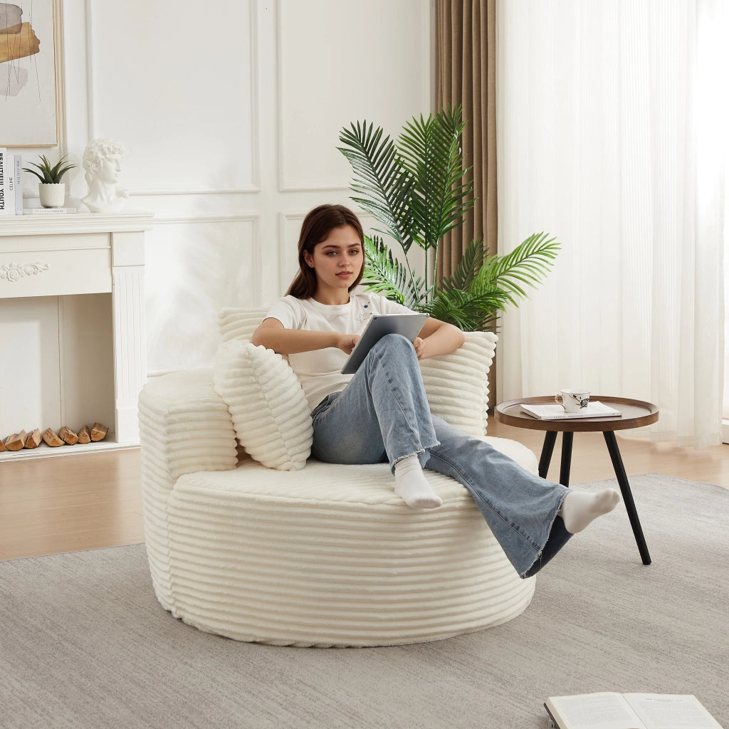 POLTRONA tonda 110 cm in velluto a coste beige con 3 cuscini