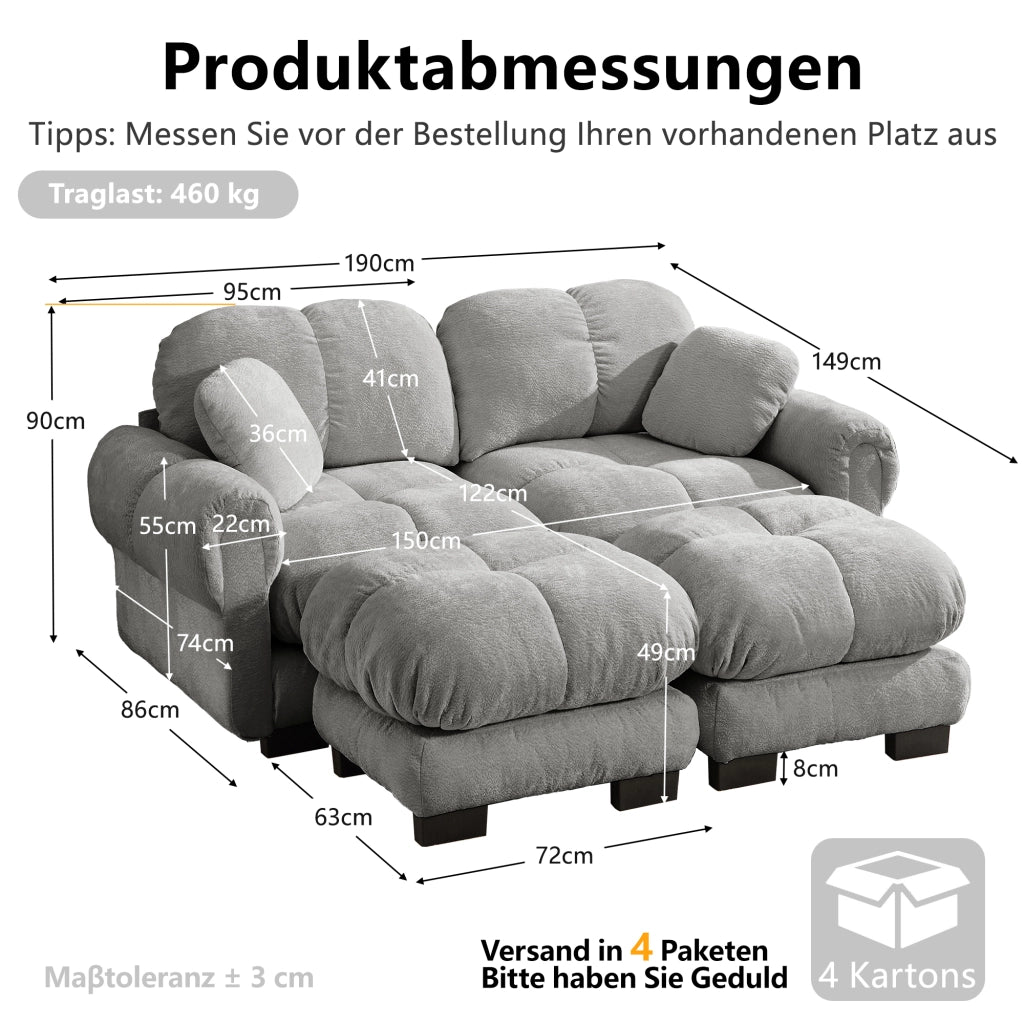 Divano modulare a 2 posti in ciniglia con chaise longue mobile e cuscini trapuntati, Grigio chiaro