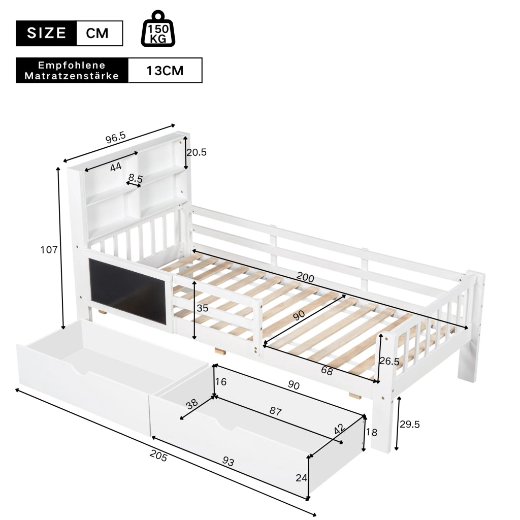 LETTO per bambini 90x200 cm bianco con lavagna, 2 cassetti e sponda di sicurezza