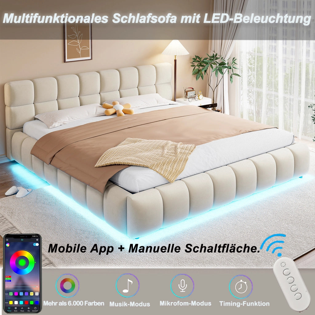 Letto imbottito 180x200 LED idraulico velluto beige