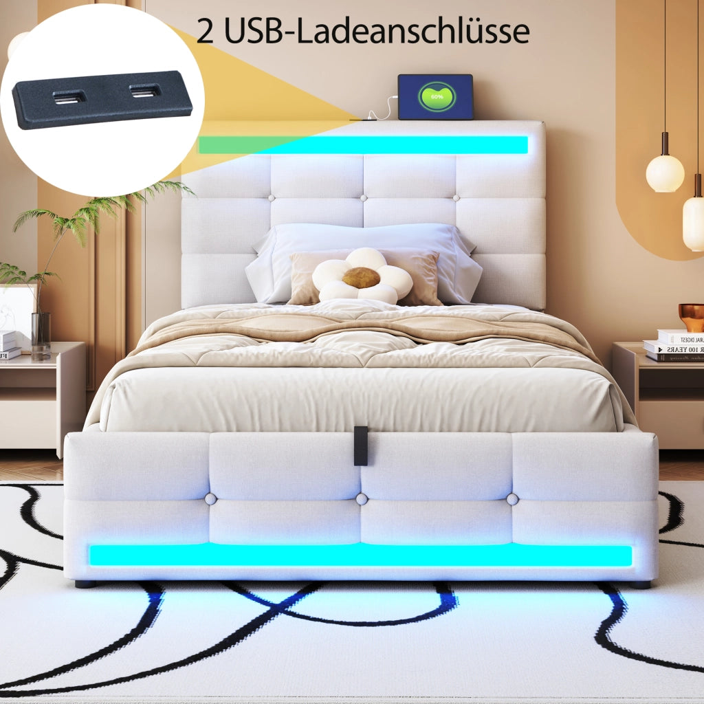 LETTO Imbottito LED 90x200 cm Beige con 2 porte USB