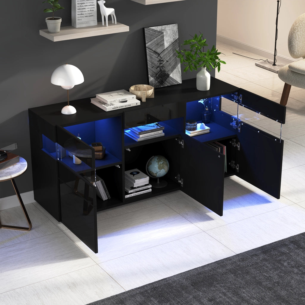 Credenza moderna nera con 3 ante, LED con app, finitura lucida e 7 vani