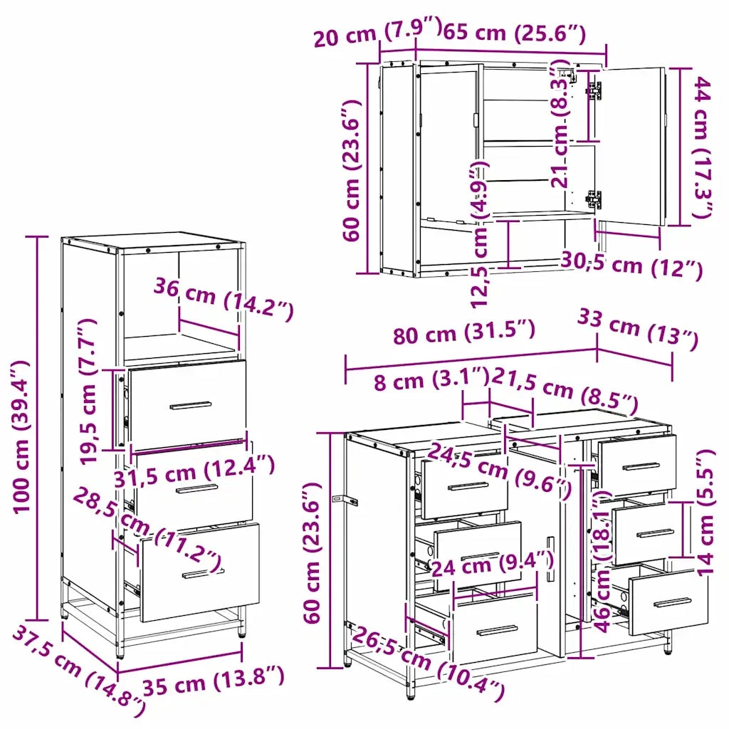 Set di mobili per il Bagno | Armadio da bagno con cassetto 3 pz Legno vecchio