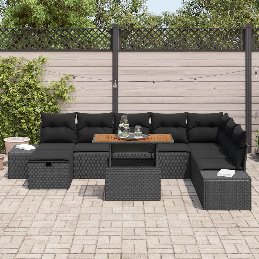 Set Divano da Giardino con cuscino 9 pcs Nero polyrattan