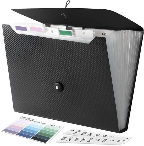 Documentario A4 con 13 compartimenti e etichette colorate, mappe A4 in plastica per documenti, organizzatore per scuola, ufficio e casa, nero