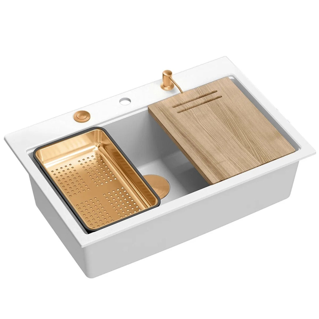 Lavello In Granito Marc 110 Workstation White Tappo oro