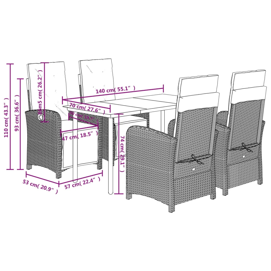 Set da Pranzo da Giardino 5pz con Cuscini in Polyrattan Marrone 3212544