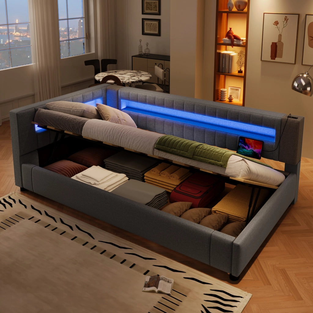 LETTO Contenitore 90x200 cm in lino grigio con LED e USB