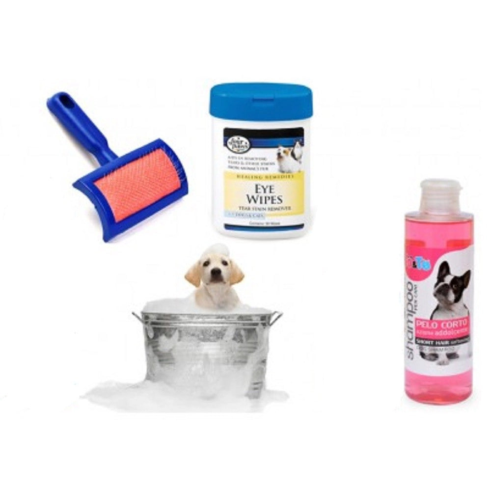 Trade Shop - Kit Pulizia Cani Shampoo Azione Addolcente Salviettine Spazzola Cardatore Pelo Corto -