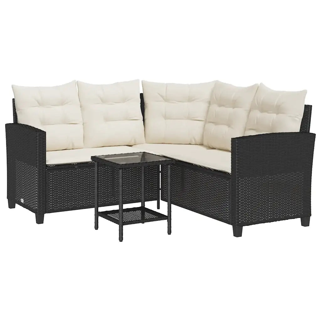 Divano da Giardino con Tavolo e Cuscini a L Nero in Polyrattan 4103872
