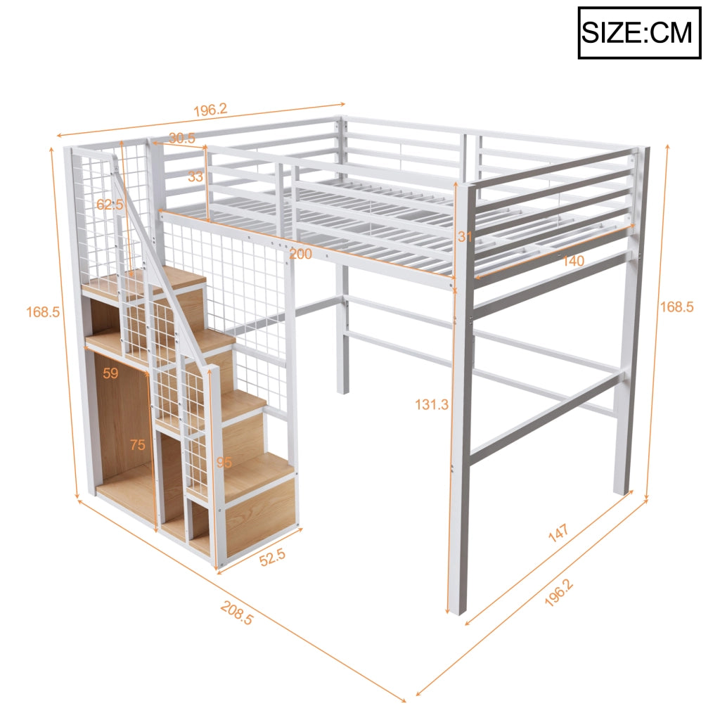 LETTO A CASTELLO 140x200 in metallo bianco con scala e ripiani