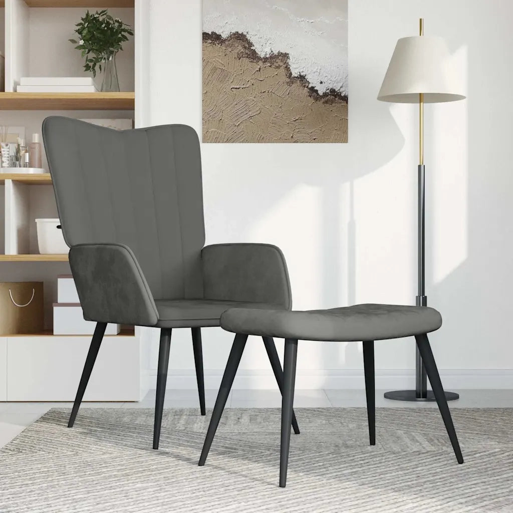 Poltrona Relax | Sedia Relax con Sgabello Grigio Scuro in Velluto