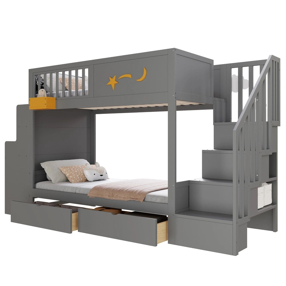 Letto a Castello per Bambini con Cassetti, Scrivania e Scala ¨C Xylo ¨C Massello Pino Grigio 90x200