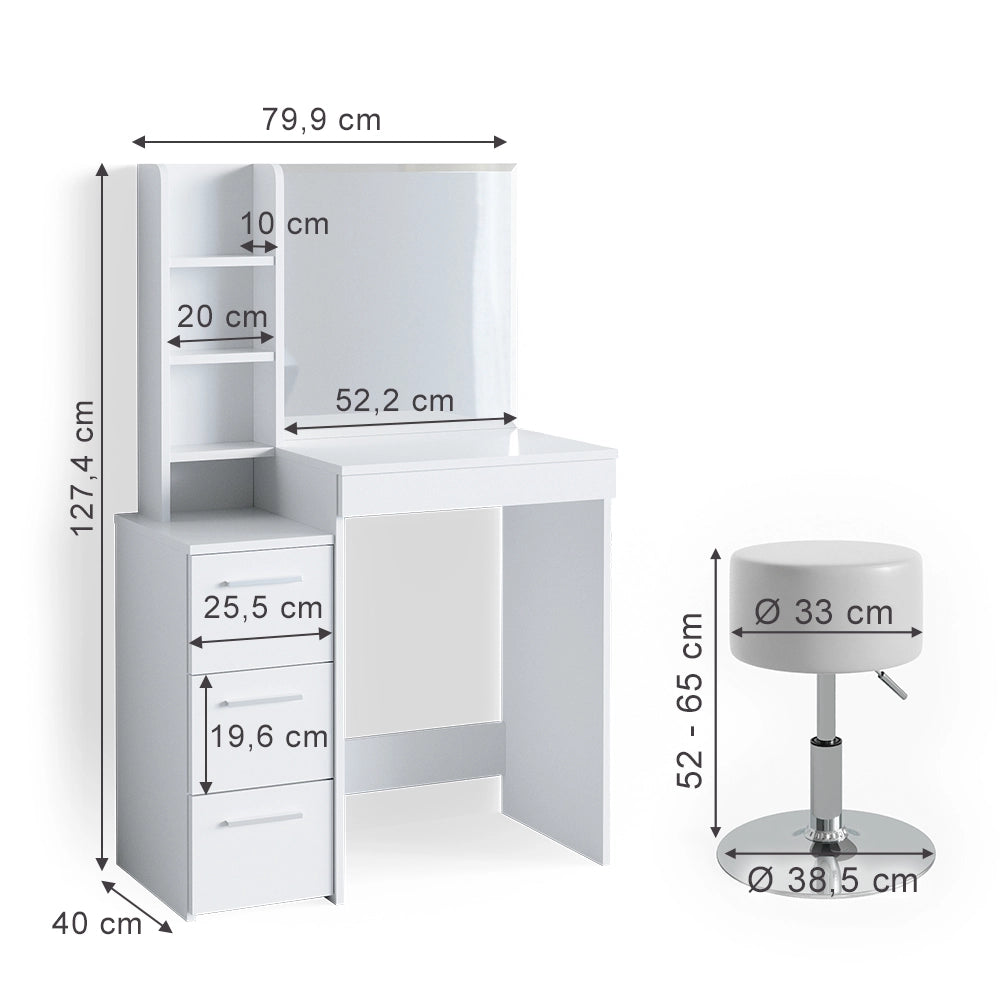 Vicco Tavolo da toeletta Bianco 80 cm con sgabello