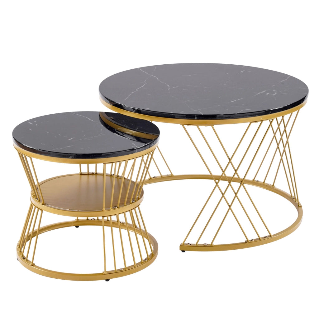 Tavolini da salotto 70x70x47 cm e 45x45x40 cm; set impilabile effetto marmo; MDF nero