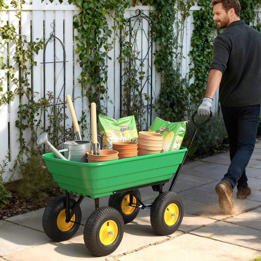 Carrello da Giardino 4 Ruote ¨C zephmum ¨C Giallo Verde 75L 200kg