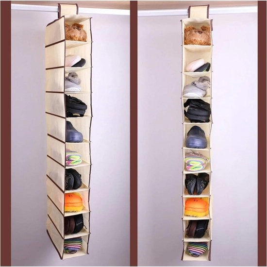 Rack per scarpe in tessuto da appendere in armadio - 10 pannelli (Beige Marrone)