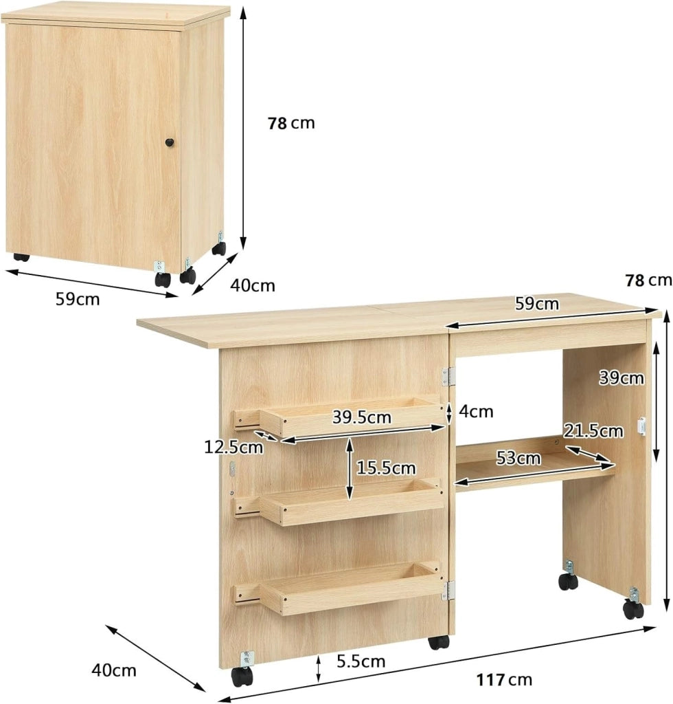 Mobile per Macchina da Cucire Pieghevole, Tavolo da Cucito con Ruote Bloccabili e Ripiani Portaoggetti, Tavolo per Macchina da Cucire Multiuso da Studio e Salotto (Legno Chiaro)