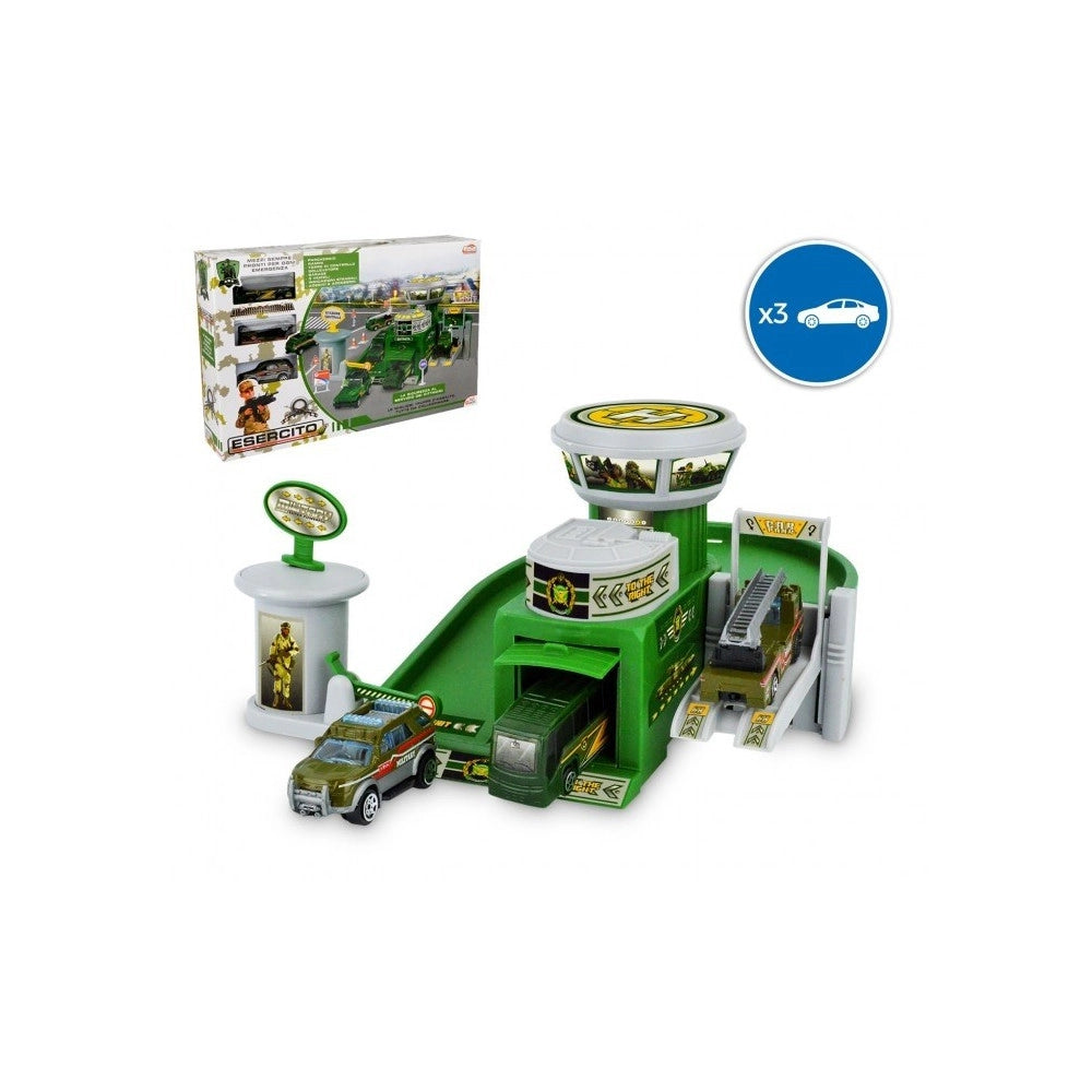 Trade Shop - Playset Quartier Generale Militare Garage 3 Auto Con Accessori E Adesivi -