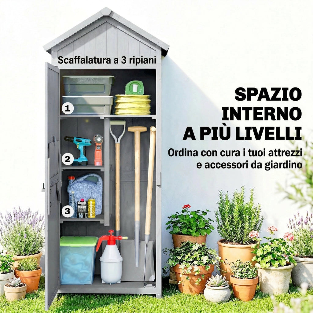 Casetta In Legno, 77x52.5x178cm, Armadio con Banco Lavoro Ribaltabile