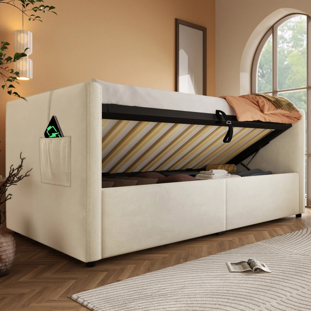 DIVANO LETTO 90x200 cm con vano contenitore, USB e Type-C Beige in velluto