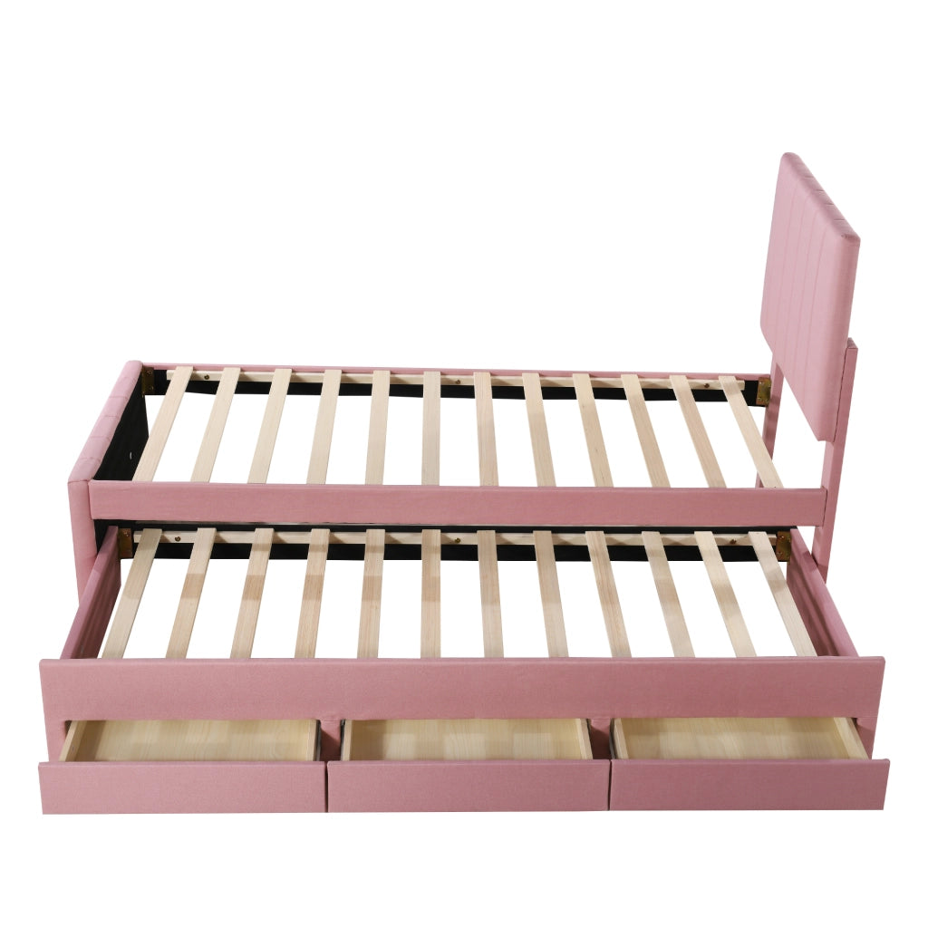 LETTO imbottito con letto estraibile e 3 cassetti 90x200 cm Rosa