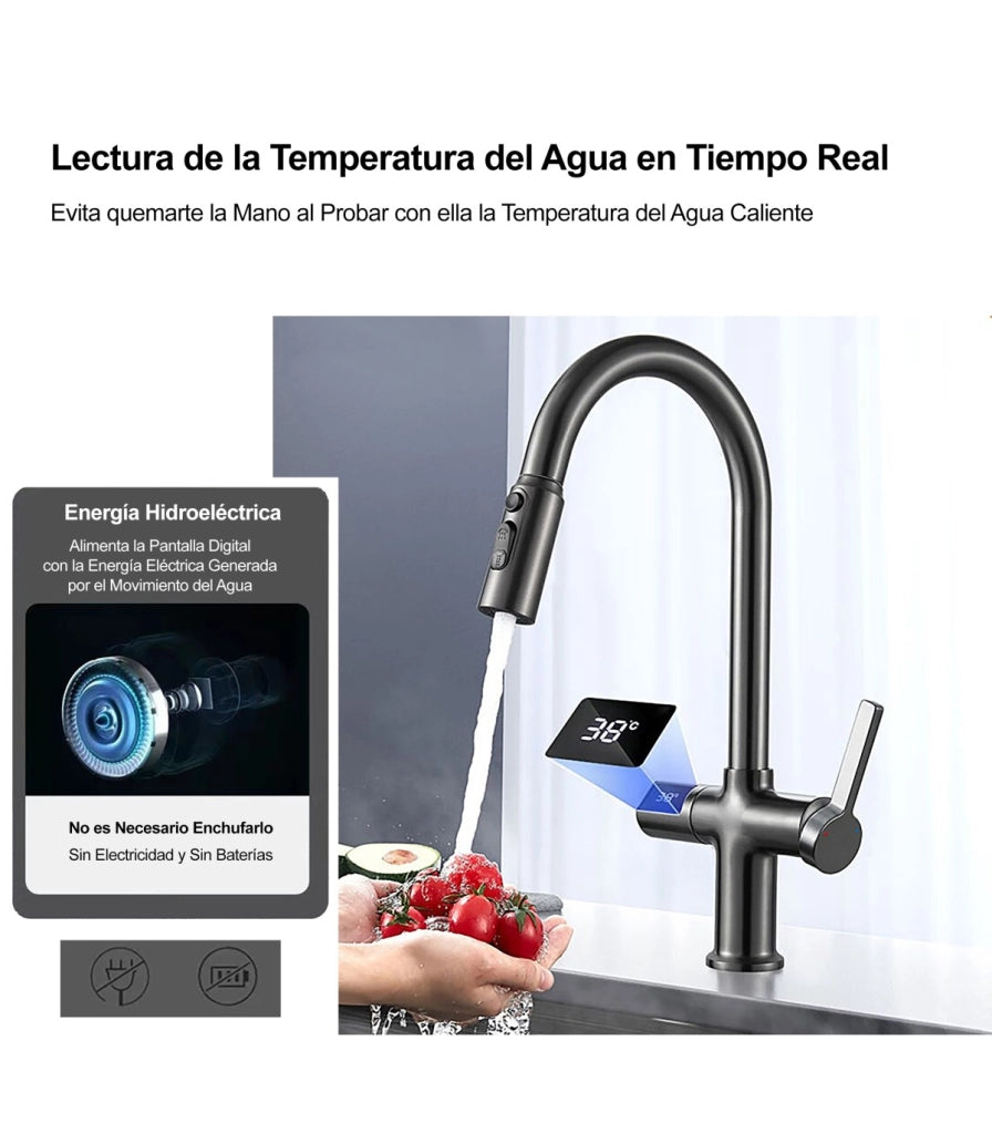 Rubinetto Cucina Display LED Temperatura LH-232 | Rame Massiccio | Estraibile | Monocomando e 3 Modi Acqua