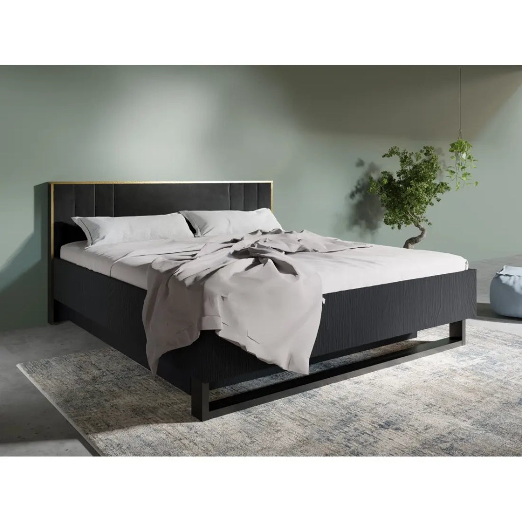 Letto MONDO – 180x200 cm – Nero strutturato e dorato – Piedi in metallo – Rete inclusa