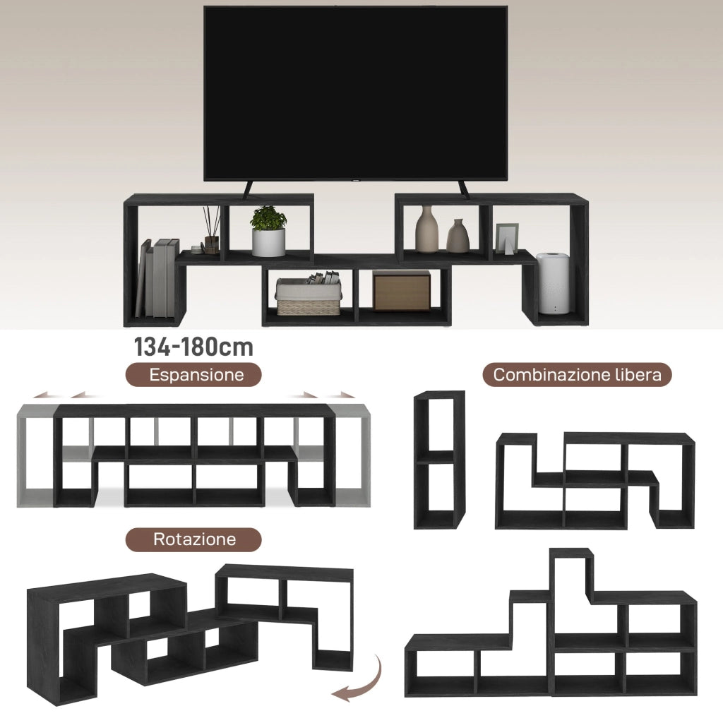 Mobile TV Modulabile 75" Max 134-180x30,5x44 cm con 2 Ripiani a L e Mensola Rettangolare in Legno Nero