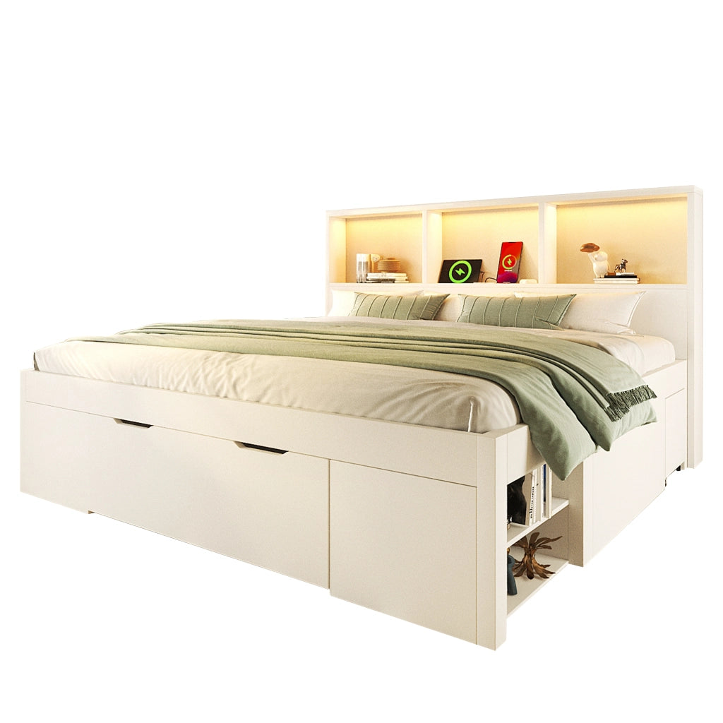 Letto funzionale con LED e USB-C - Zephmum- 140x190 cm- Bianco- Con cassetti e ripiani