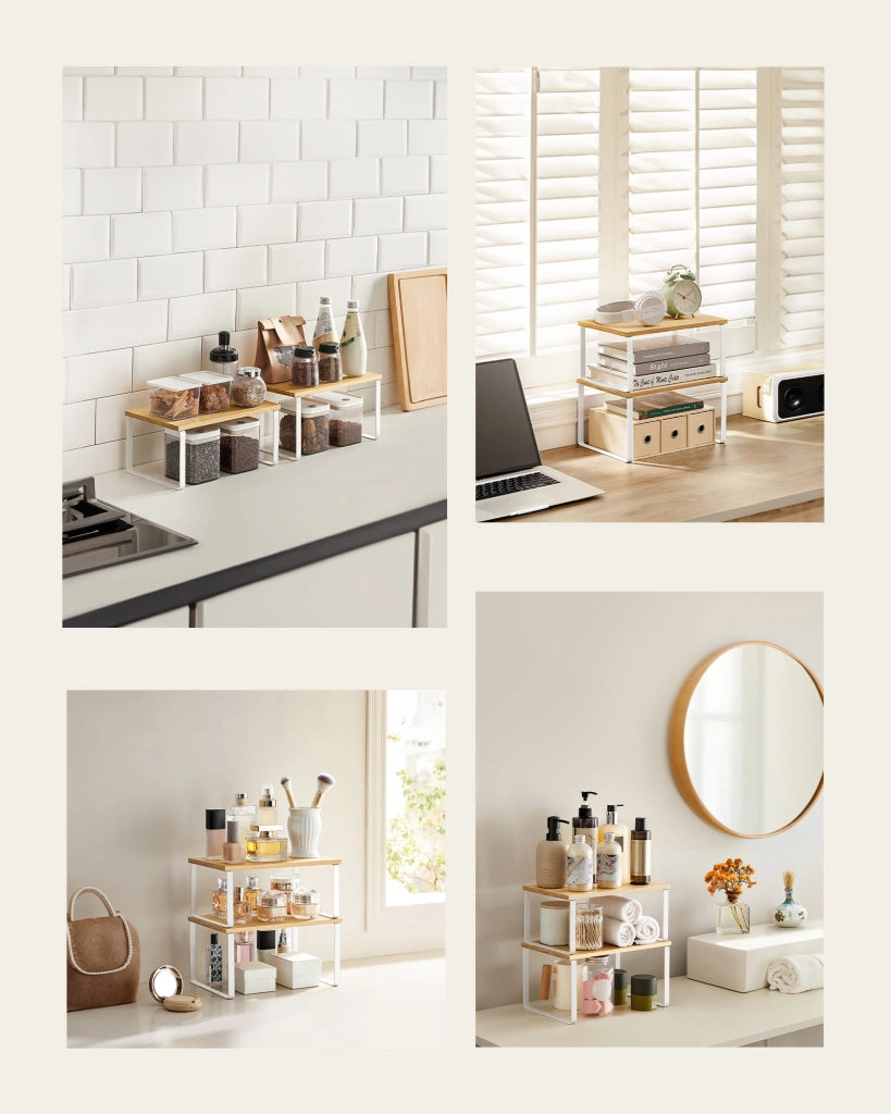 Set di 2 mensole da cucina Valora in bambù e metallo bianco naturale