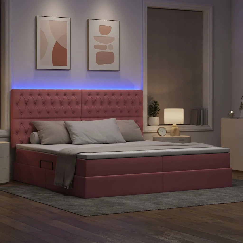 Letto con contenitore e LED con led Rosa 200 x 200 cm Velluto