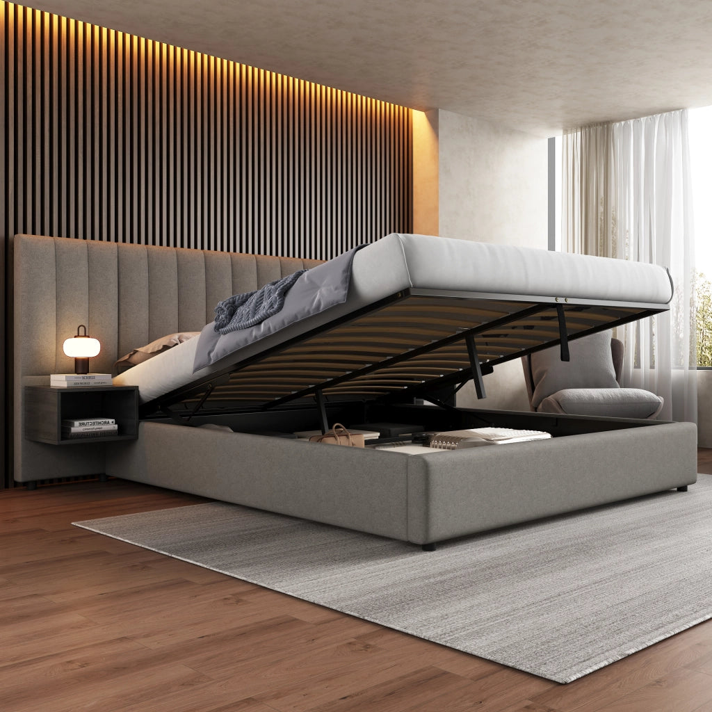 LETTO Contenitore 180x200 cm in lino grigio e nero con 2 comodini