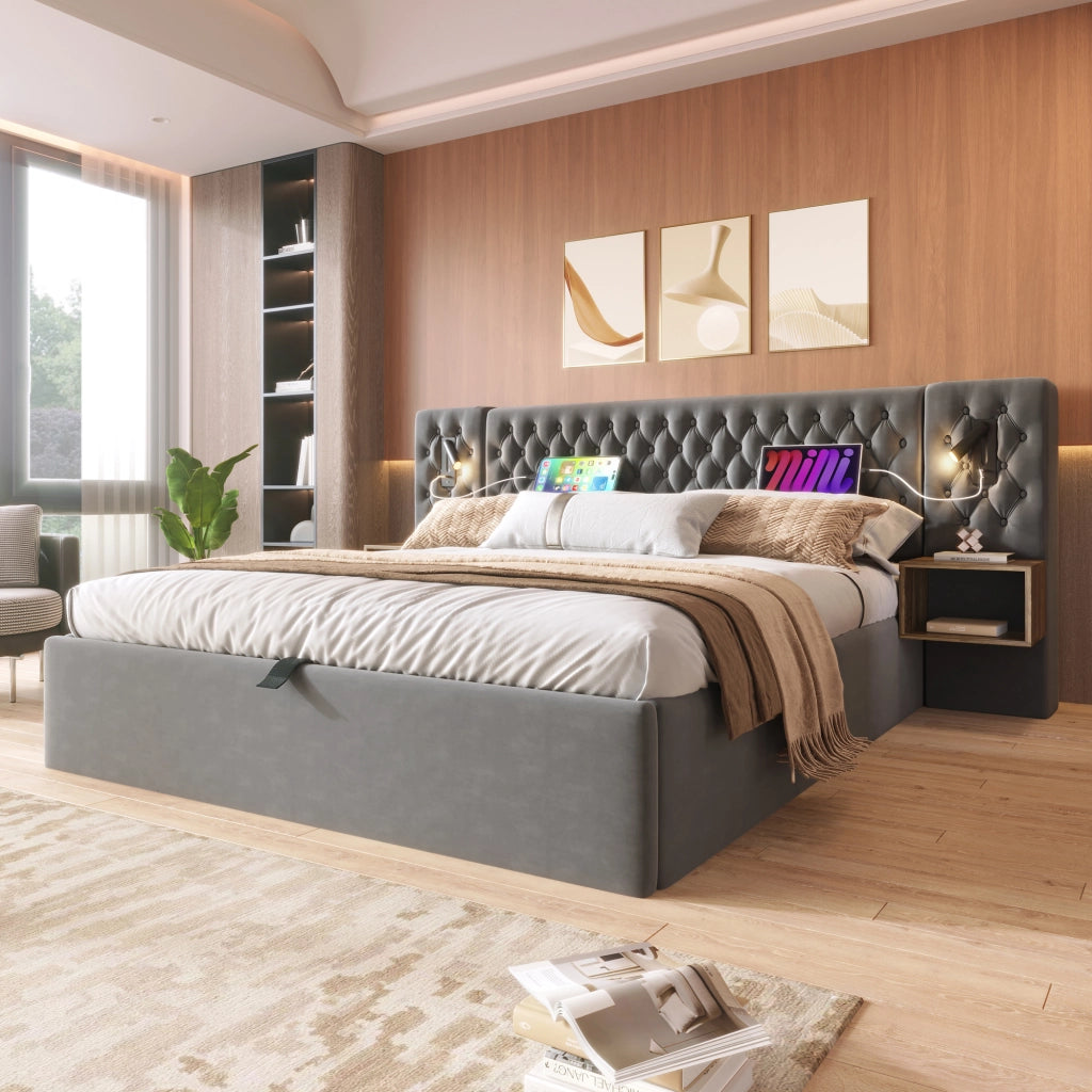 LETTO Contenitore 160x200 cm in Velluto Grigio con 2 Comodini