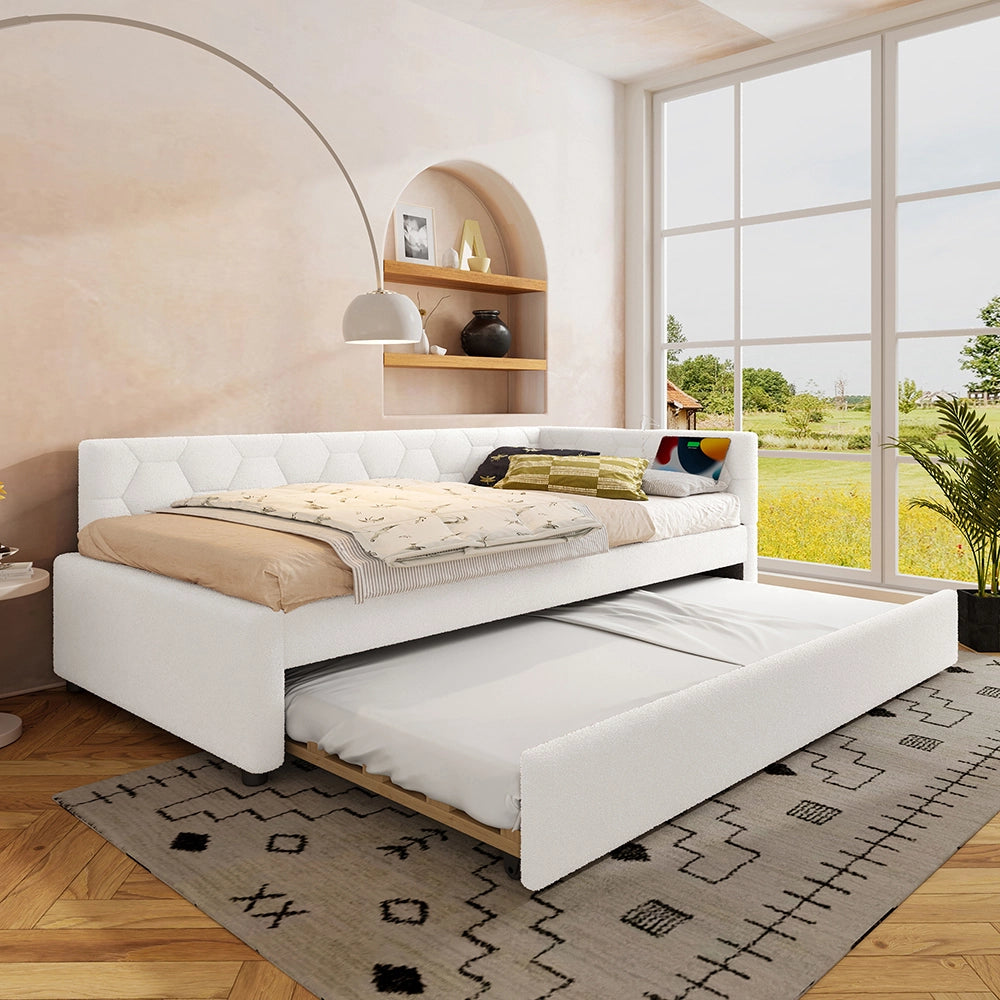 Letto giorno 90x200cm - Xylo - bianco, lampada, USB-C, estraibile