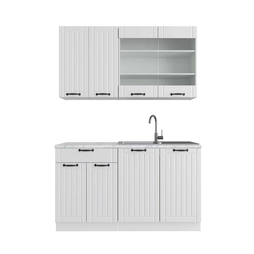 Cucina completa Fame-Line Bianco rustico/Bianco 140 cm, PL Marmo Vicco