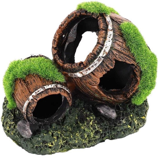 Decorazione per acquario - Vaso rotto - Decorazione in resina - Rifugio per Betta - 10x8x6cm - Verde/Bruno - Disegno doppio con finto muschio - Decorazione per acquario