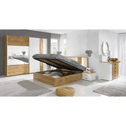 Camera WOOD colori rovere e bianco con letto contenitore LED, cassettiera, comodini e armadio
