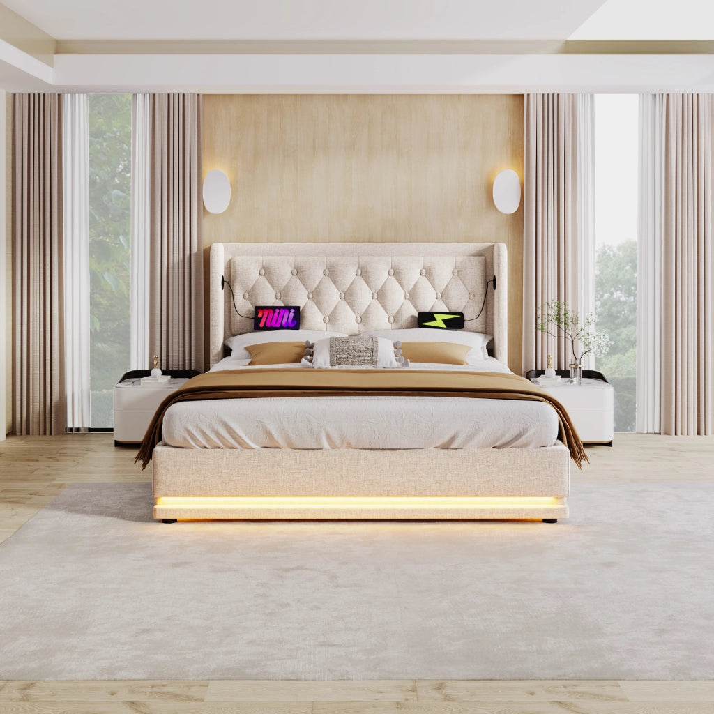 LETTO Contenitore 180x200 cm Cotone Beige con USB e LED