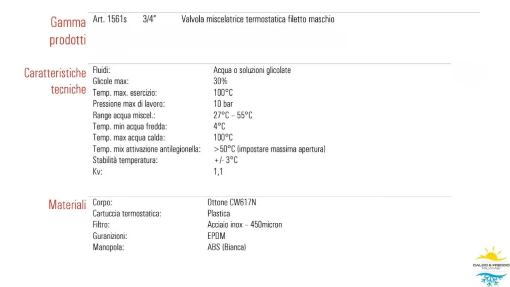 Valvola miscelatrice termostatica con attacchi maschio da 3/4" per impianti solari HELYOS
