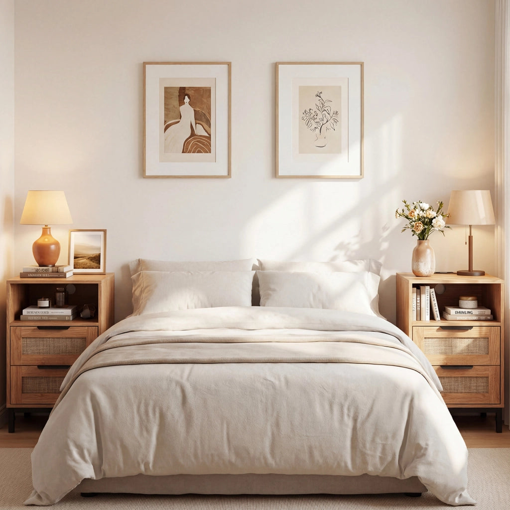 Set di 2 comodini rattan stazione ricarica tavolino letto boho, 2 Comodini ripiano aperto 2 cassetti gambe metallo camera soggiorno ingresso Naturale