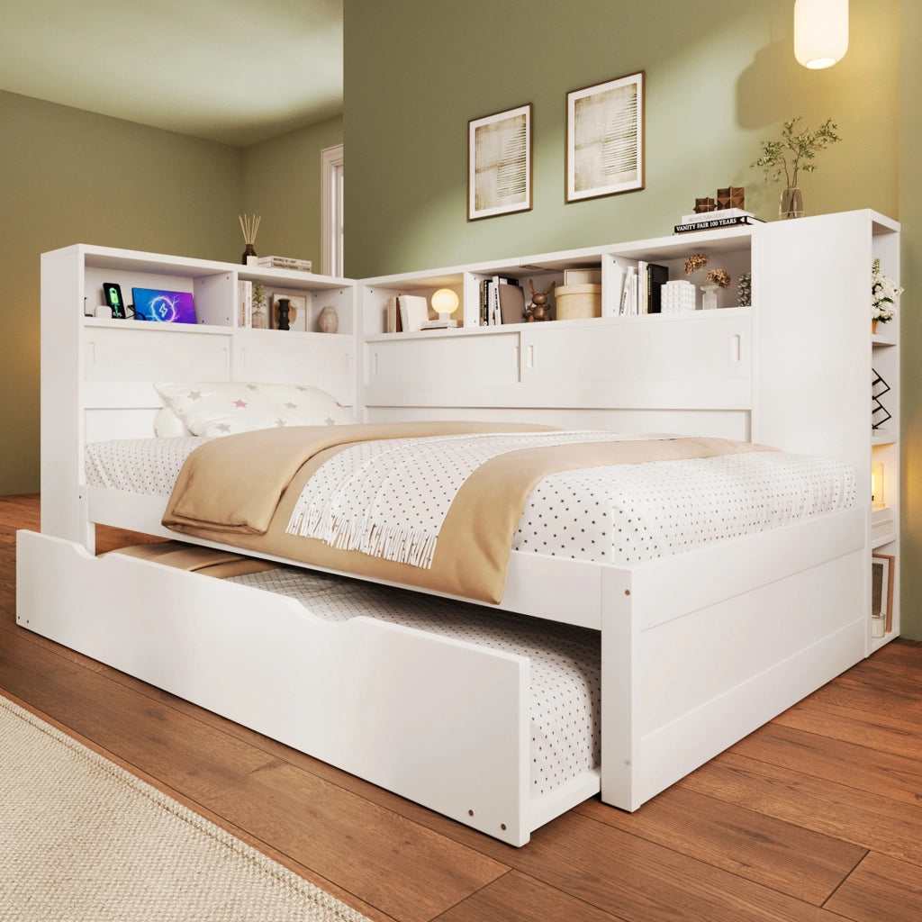 Letto per bambini 90x200 cm con letto estraibile, vani contenitore e USB, bianco