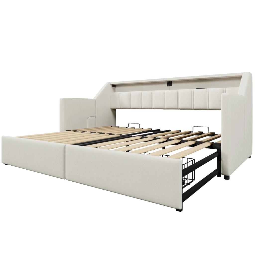 LETTO Estraibile 90x200 cm Beige in lino e MDF con USB e Type-C