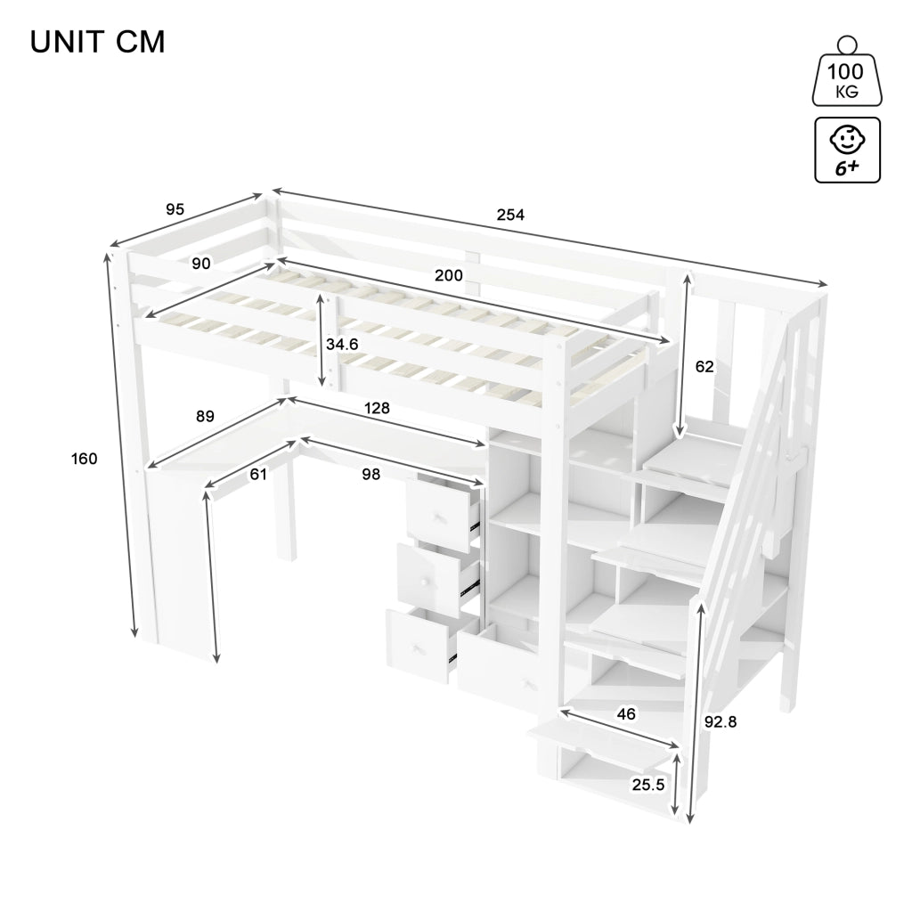 LETTO A CASTELLO CON SCRIVANIA E SCALA CONTENITIVA 90x200 cm BIANCO