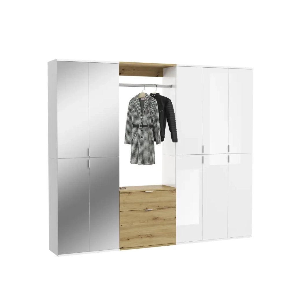 Armadio con 10 ante, 4 specchi, 2 cassetti e un appendiabiti - Bianco e quercia - BODITE
