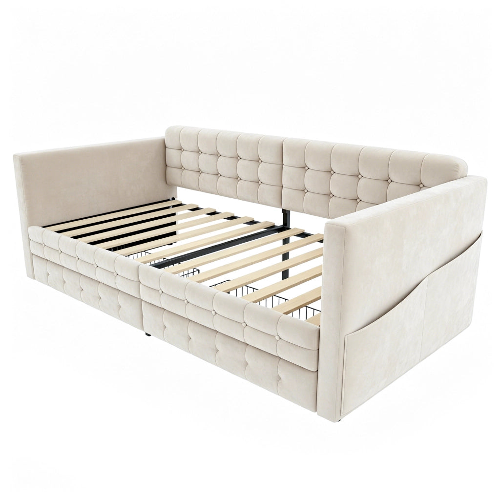 LETTO Imbottito 90x190 cm Beige con tasche laterali e 2 cassetti