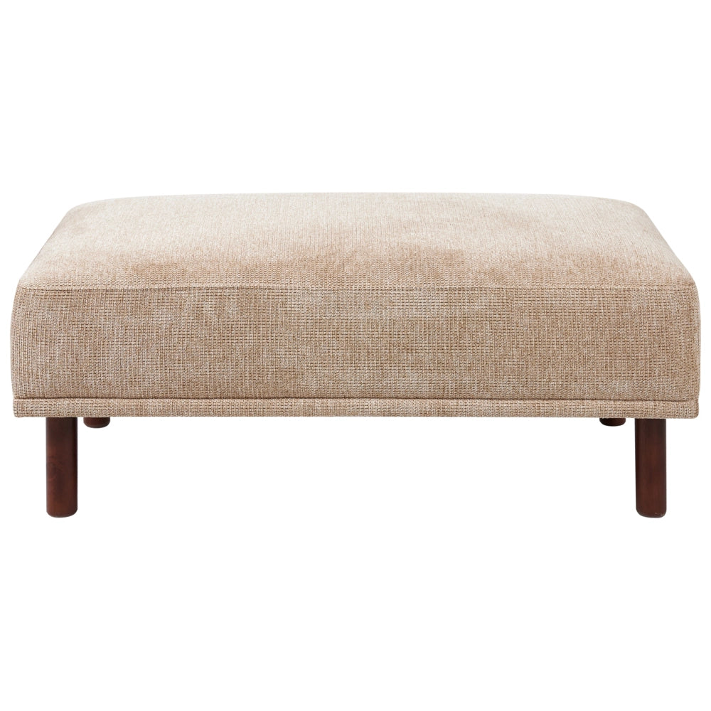 Pouf in tessuto beige rettangolare con solide gambe in legno verniciato stile minimalista