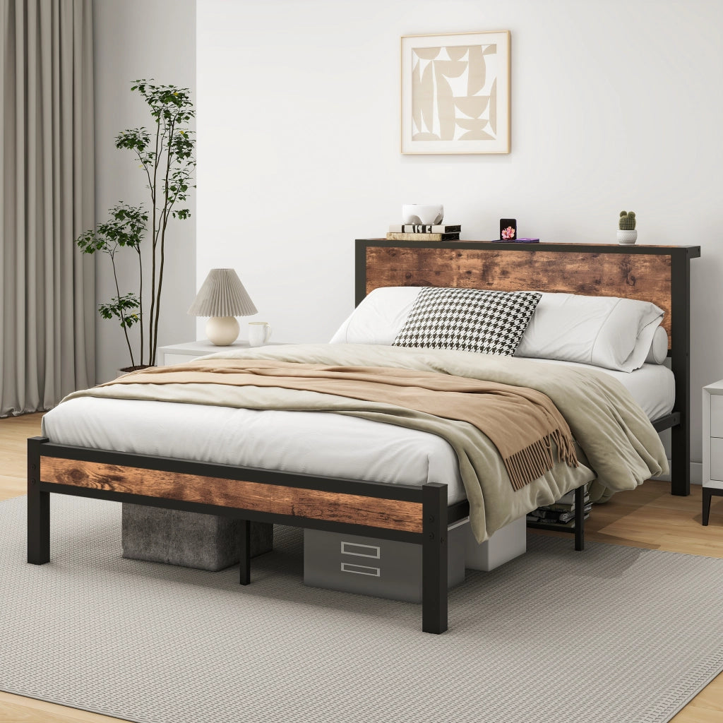 letto singolo in mdf e metallo marrone antico 140 x 200 cm