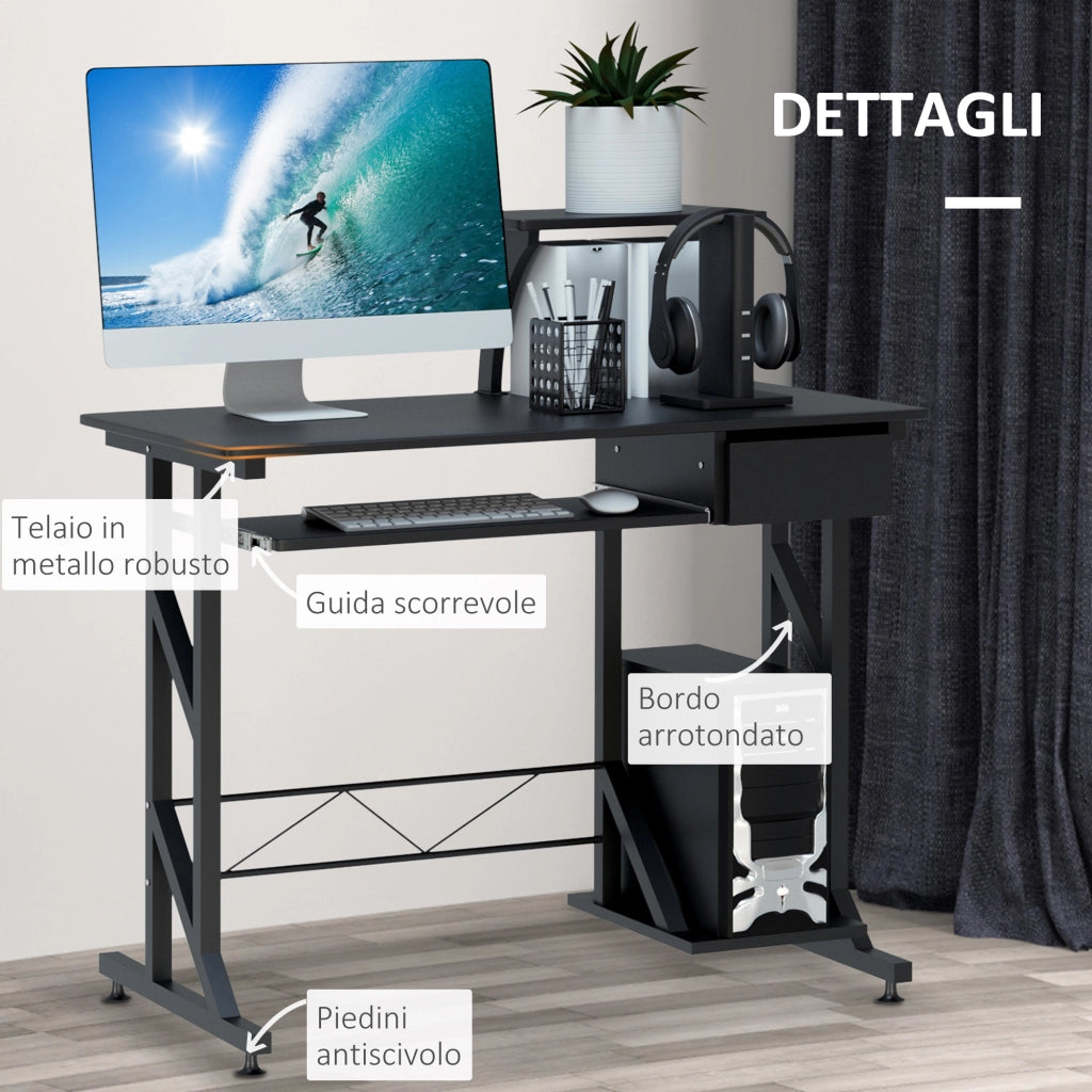 Scrivania da Ufficio con Cassetto e Ripiano Tastiera ¨C Zephmum ¨C Nero, Acciaio e Legno, 90x50x100 cm